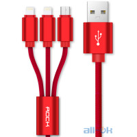Кабель Rock 3 in 1 charging cable w/ version A/USBA TO lightning+lightning+micro/ 1,8M Red
