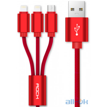 Кабель Rock 3 in 1 charging cable w/ version A/USBA TO lightning+lightning+micro/ 1,8M Red