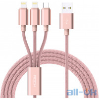 Кабель Rock 3 in 1 charging cable w/ version A/USBA TO lightning+lightning+micro/ 1,2M Rose Gold