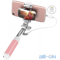Монопод Rock Mini selfie stick with lightning wire control & mirror Pink
