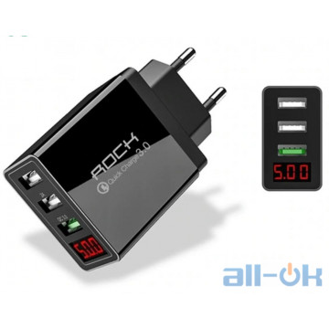 ROCK QC 3,0 3A LED Digital 3 Ports USB Charger Black