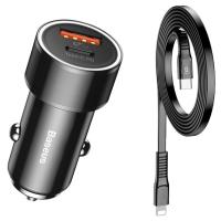 Автомобільний зарядний пристрій Baseus Small Screw Type-C PD + USB Black w/Type-C - Lightning Cable (TZXLD-01)