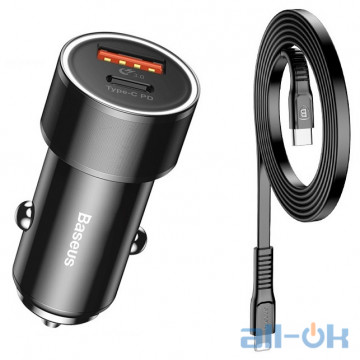 Автомобільний зарядний пристрій Baseus Small Screw Type-C PD + USB Black w/Type-C - Lightning Cable (TZXLD-01)