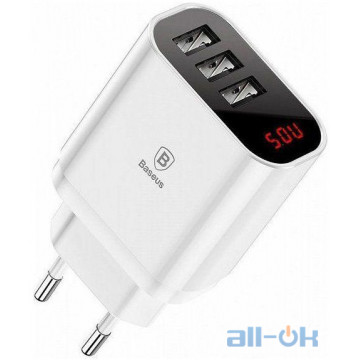 Мережевий зарядний пристрій Baseus USB Wall Charger 3xUSB 3.4A Mirror Lake Intelligent Digital Display White (CCALL-BH02) UA UCRF