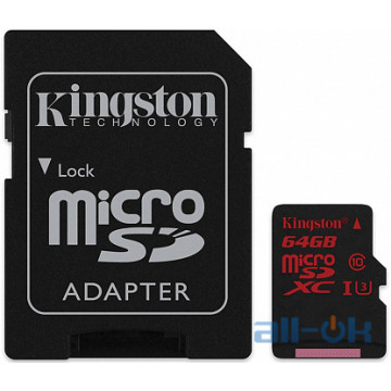 Карта пам'яті  Kingston 64 GB microSDXC class 10 UHS-I U3 + SD Adapter SDCA3/64GB