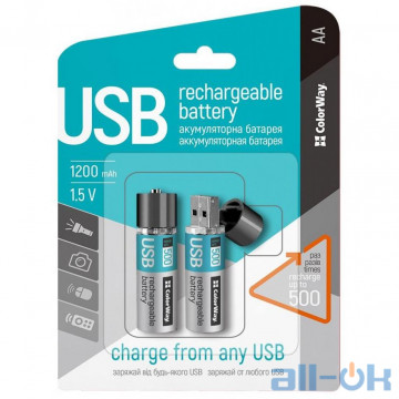 Акумулятор (USB роз'єм) ColorWay AA 1200mAh Li-Pol 2шт USB (CW-UBAA-02)