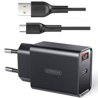 Мережевий зарядний пристрій Joyroom L-QP183 USB+PD 18W + Type-C Cable Black UA UCRF
