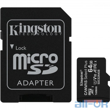 Карта памяти Kingston microSDXC 64GB Canvas Select Plus Class 10 UHS-I U1 V10 A1 + SD-адаптер (SDCS2/64GB)