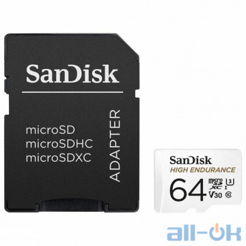 Карта памяти SanDisk 64 GB microSDXC High Endurance UHS-I U3 V30 + SD Adapter SDSQQNR-064G-GN6IA