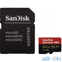 Карта пам'яті SanDisk 64 GB MicroSDXC UHS-I U3 Extreme Pro A2 + SD Adapter SDSQXCY-064G-GN6MA