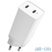 Мережевий зарядний пристрій 2Type-C Baseus GaN Lite 65W (CCGAN2L-E02) White