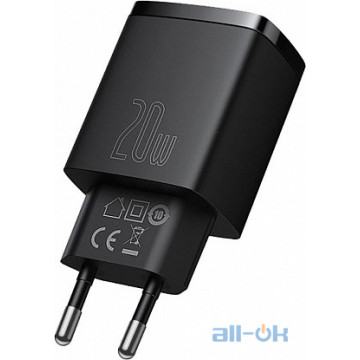 Мережевий зарядний пристрій Baseus Compact Quick Charger U+C 20W Black (CCXJ-B01)
