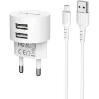 Мережевий зарядний пристрій BOROFONE BA23A Brilliant 2xUSB-A, 2.4A White w/Micro-USB cable (BA23AMW)