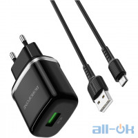 Мережевий зарядний пристрій BOROFONE BA36A High Speed 1xUSB-A, QC3.0, 18W Black w/Micro-USB cable (BA36AMB)