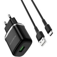 Мережевий зарядний пристрій BOROFONE BA36A High Speed 1xUSB-A, QC3.0, 18W Black w/USB-C cable (BA36ACB)