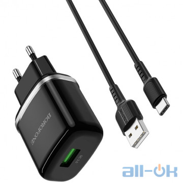Мережевий зарядний пристрій BOROFONE BA36A High Speed 1xUSB-A, QC3.0, 18W Black w/USB-C cable (BA36ACB)