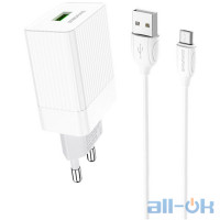 Мережевий зарядний пристрій BOROFONE BA47A Mighty 1xUSB-A, QC3.0, 18W White w/Micro-USB cable (BA47AMW)