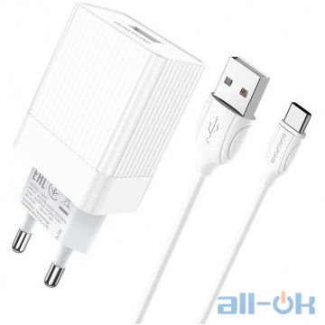 Мережевий зарядний пристрій BOROFONE BA47A Mighty 1xUSB-A, QC3.0, 18W White w/USB-C cable (BA47ACW)