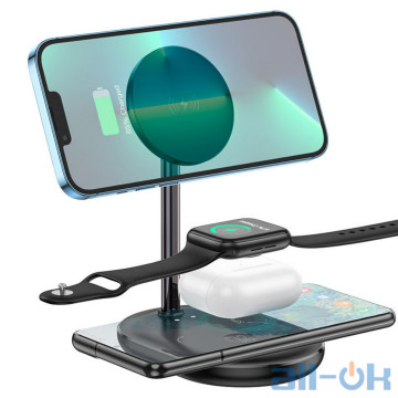 Бездротовий зарядний пристрій HOCO CW40 Noble 3-in-1 magnetic holder with wireless fast charging Black